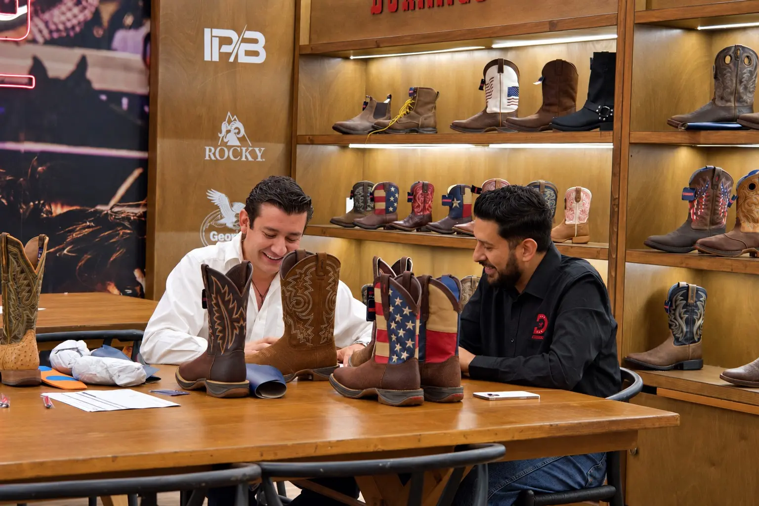 Reunión comercial frente a la exhibición de botas de IPB en SAPICA 95